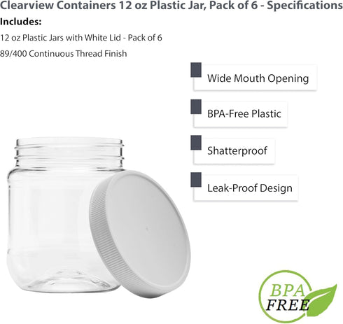 Plastic Storage Jars with Leak Proof Lids, BPA Free, Hand Wash Only (12oz Jar, 6PK)...