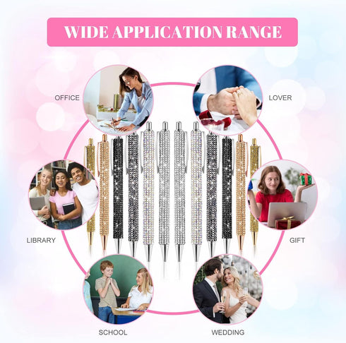 12Pcs Rhinestone Pens Bling Metal Ballpoint Diamond Pens Bulk Fancy Sparkly Crystal Press Retractable Black Ink 0.7mm For Women Office Meeting Bir...