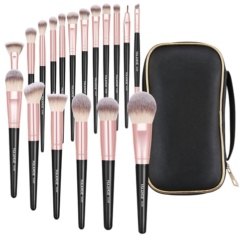 18 Pcs Makeup Brushes with Case, MAANGE Premium and Professional Makeup Brush Set For Foundation Blending Powder Concealers Eyeshadows Blush, Pink...