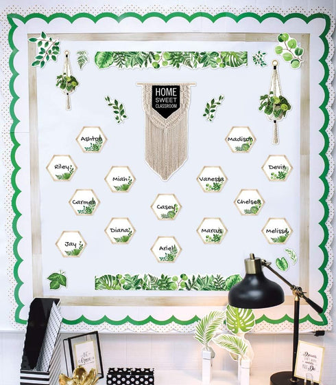 Schoolgirl Style Simply Boho Bulletin Board Set—Home Sweet Classroom Macrame Header, Leaf Border Trims, Hanging Planters, Assorted Leaves, Hexagon...