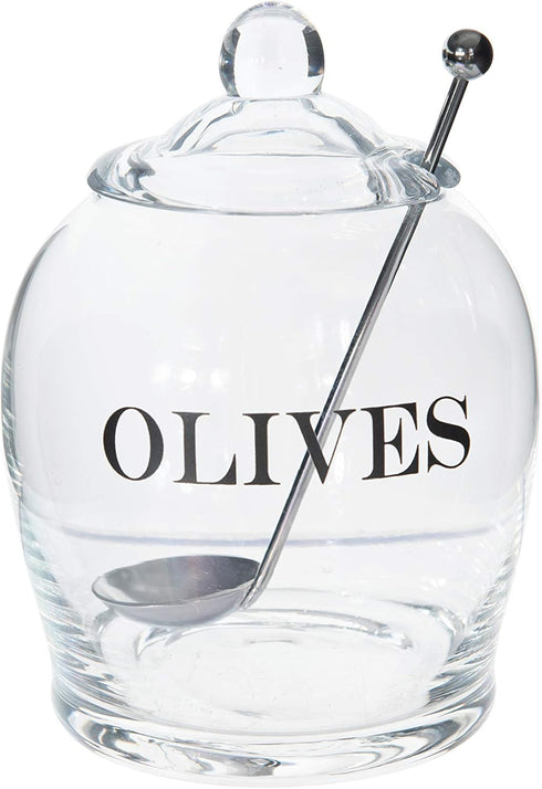 Creative Co-Op Clear Glass "OLIVE" Jar with Lid & Slotted Stainless Steel Spoon (Set of 3 Pieces including Lid)...