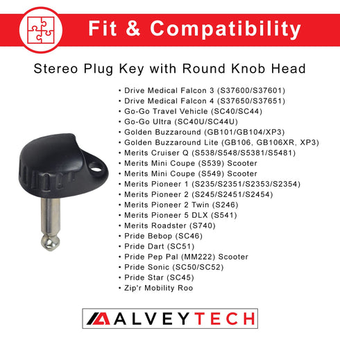 AlveyTech Stereo Plug Style Key with Round Knob Head for Pride & Go-Go Scooter - Replacement for GOGO, Pride, Merits, Golden, & Drive Mobility Sco...