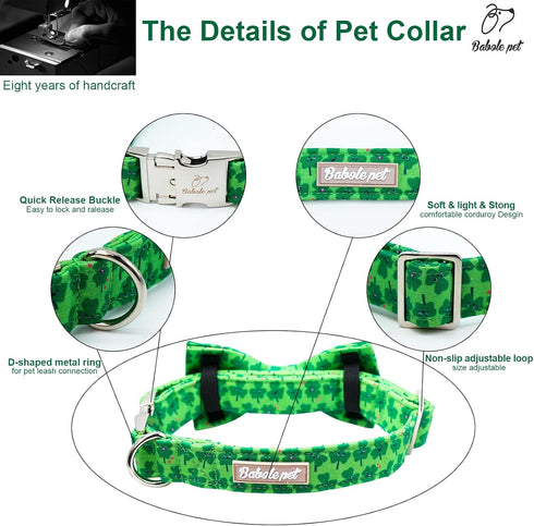 2023 New St.Patrick's Day Dog Collar with Bow Tie-Babole Pet, Cute Clover Male Dog Collar with Safety Metal Buckle Adjustable Puppy Collars for Sm...