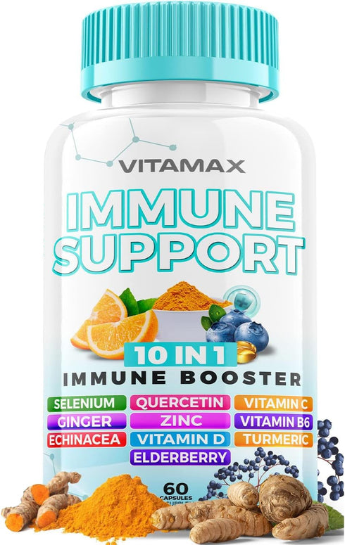 10-in-1 Immune System Support Booster with Elderberry, D3, Selenium, Quercetin, Zinc, Vitamin C, Ginger, Turmeric Curcumin, B6, Echinacea – Natura...