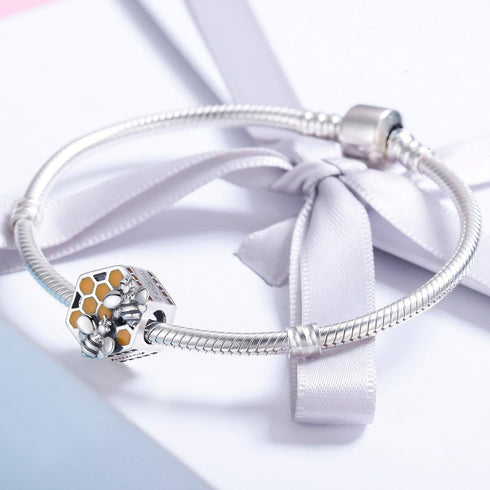 Bee Honeycomb Charm Beads 925 Sterling Silver Beads Fit for European Charm Bracelet...