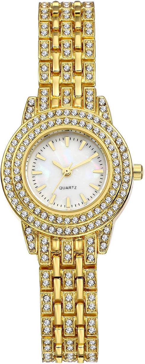 JewelryWe Women Watches Gold-Tone Iced Out Wristwatch Rhinestone Round Analaog Quartz Watch Bling Dress Watch, for Halloween...