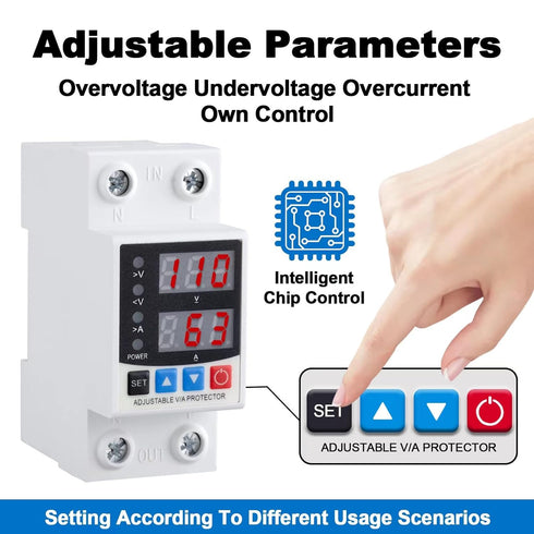 Smart Circuit Breaker with Energy Monitoring - Adjustable 1-63 Amp AC110V DC85-300V Over/Under Voltage & Overcurrent Protection Intelligent Relay ...