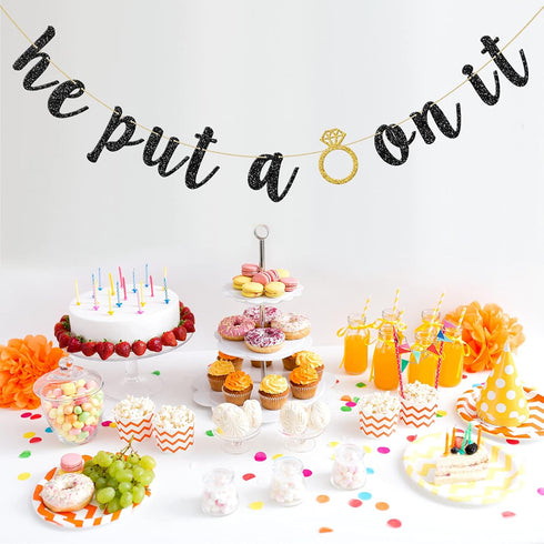 He Put A Ring On It Banner, Black Glitter Engagement Party Decoration Sign for Wedding, Bachelorette, Bridal Showers Party Supplies...