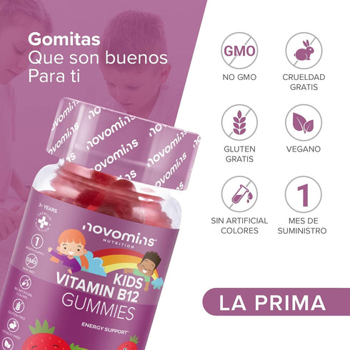 Novomins Kids Vitamin B12 Gummies - Energy & Metabolism Support Supplement - 30 Chewable Childrens B Complex Supplements – Vegan, Non-GMO - Enrich...