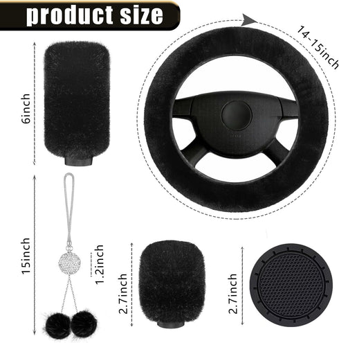 6 Pieces Set Fluffy Steering Wheel Cover Set, Soft Fuzz Handbrake Cover Gear Shift Cover, Cup Pad, Rearview Mirror Decorative Chain, Universal Car...
