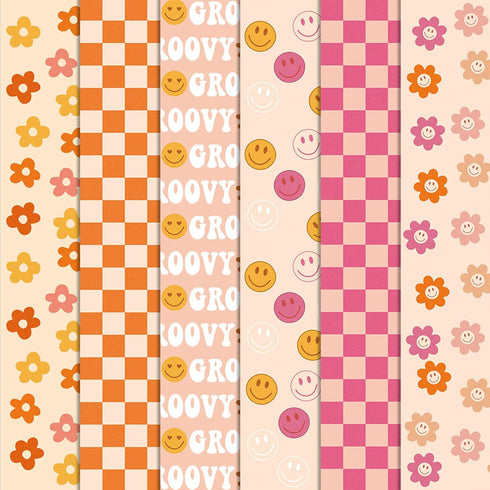 Whaline 6Pcs Retro Groovy Cotton Fabric Bundles 18 x 22 Inch Pink Orange Checkered Flower Fat Quarters Groovy Hippie Quilting Patchwork Squares Se...