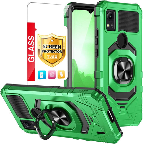 TJS Compatible for Cricket Icon 5 Case, AT&T Motivate 4 Case, with Tempered Glass Screen Protector, Metal Ring Magnetic Support Kickstand Heavy Du...