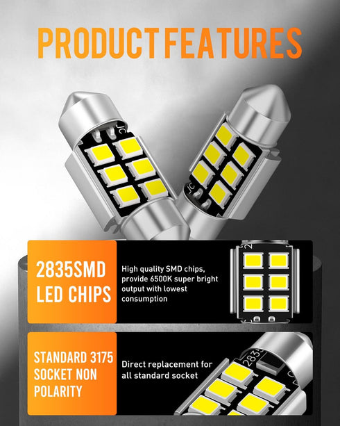 LUYED 2 X Super Bright 2835 6-EX Chipsets Error Free 1.25 inches DE3175 DE3021 DE3022 3175 LED Bulbs Used For Dome light,Xenon White...