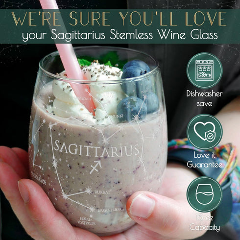 Greenline Goods Sagittarius Stemless Wine Glasses Zodiac Sagittarius Set Hand Etched 15 oz (Set of 2) - Astrology Sign Glassware...