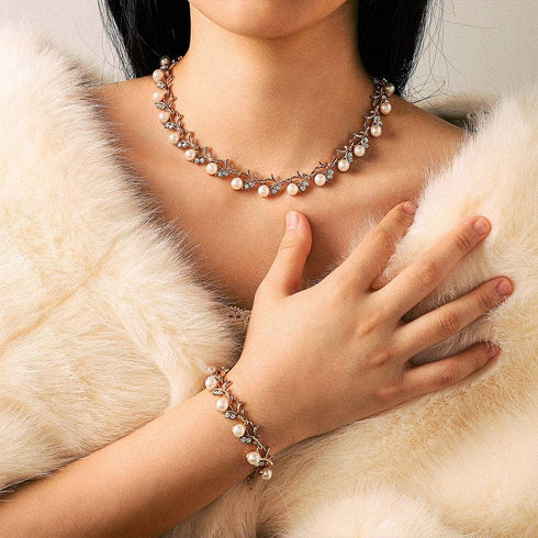 Unicra Pearl Bride Wedding Jewelry Set Crystal Bridal Necklace Bracelet Earrings Sets Rhinestone Choker Necklace Prom Costume Jewelry Set for Wome...