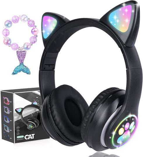 Wireless Kids Headphones for Boys Girls, Cat Ear LED Light Up Bluetooth Headphones with Microphone for School/Travel/Sports/Gaming/Gifts/Christmas...
