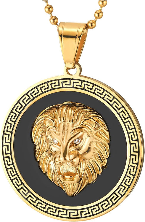 Men Steel Lion Head Circle Medal Pendant Necklace with CZ, Black Onyx, Gold Black...