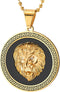 Men Steel Lion Head Circle Medal Pendant Necklace with CZ, Black Onyx, Gold Black...