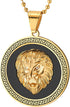 Men Steel Lion Head Circle Medal Pendant Necklace with CZ, Black Onyx, Gold Black...