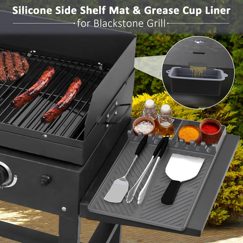 Silicone Grill Mat & Grease Cup Liners for Blackstone, BBQ Side Shelf Mat Spatula Mat with Drip Pad, Reusable Grill Drip Pans Grease Catcher, Blac...