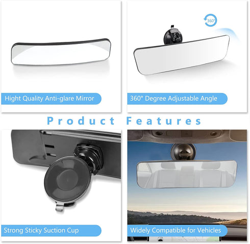 12" Large Convex Rear View Mirror, Suction Cup Anti-Glare Rearview Mirror White Mirror with Panoramic Wide Angle Mounted on Windshield for RV Mari...