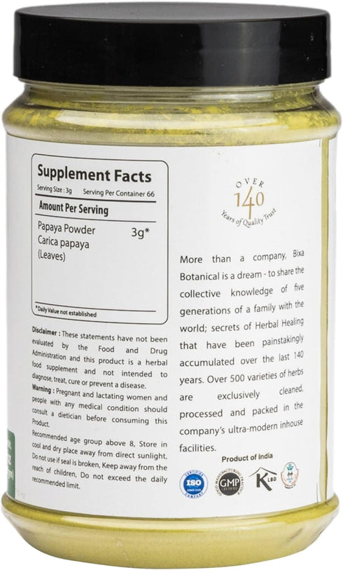 bixa BOTANICAL Papaya Leaf Powder (Carica Papaya) | Ayurvedic Herb, Anti-oxidant Agent | Herbal Supplement (200g/7Oz)...