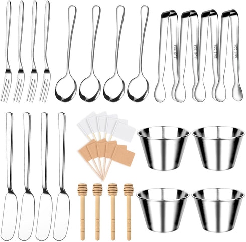 Charcuterie Accessories 25 Pcs, Cheese Spreader Knife Set for Charcuterie Board, Silver Stainless Steel Small Spoons, Tongs, Forks, Sauce Bowls fo...