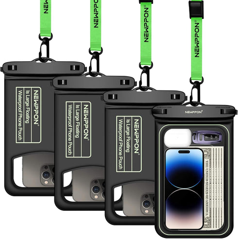 newppon Floating Large Waterproof Phone Pouch : 4 Pack Float Clear Cell Holder Protector with Lanyard - Universal floatable Water Proof Dry Bag fo...