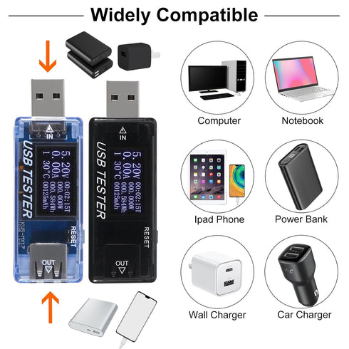 2pcs 8 in 1 USB Tester 10V 3A Voltage Current Tester Voltmeter Capacity Current Meter Digital Multimeter Current Tester Voltage Detector(Black+Blu...