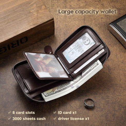 Mens Genuine Leather Zipper Wallet RFID Secure Large Capacity Double Fold Multi-card Leather Wallets for Men and coin purse...