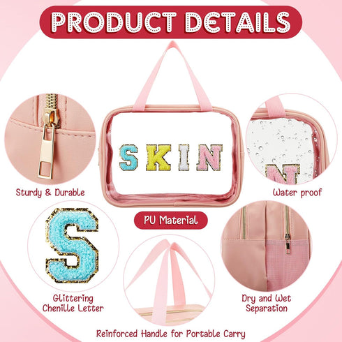 Chenille Letter Bag Nylon Makeup Bag Portable Bag Makeup Cases Preppy Patch Makeup Bag with Zipper Cosmetic Toiletry Storage Bag for Women Girls (...