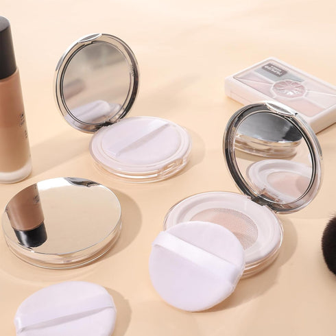 Loose Powder Container, 3 Pieces Compact Powder Container with Puff and Mirror,3 g/ 0.11 Oz Reusable Empty Refillable Makeup Powder Case Portable ...
