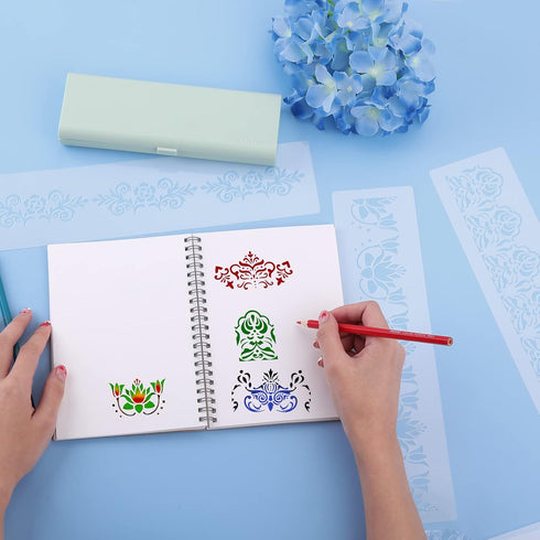 Prasacco 8 Pieces Flower Border Stencils Ornate Mandala Stencils Reusable DIY Craft Stencils Floral Edge Templates for Painting on Wood Canvas Pap...