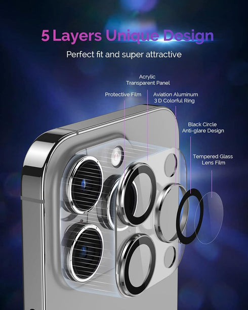 for iPhone 14 Pro and iPhone 14 Pro Max Camera Lens Protector Aluminum Alloy Plus Acrylic + 9H Tempered Glass Camera Screen Protector Full Coverag...