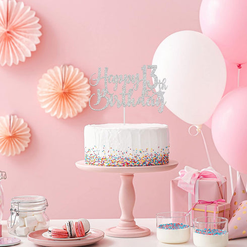 Silver Glitter Happy 13th Birthday Cake Topper - 13th Birthday Cake Topper, 13th Birthday Party Decoration...