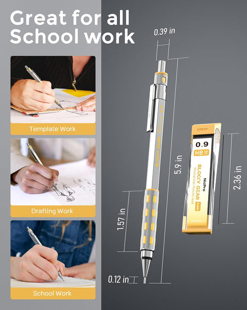 Nicpro Blocky Gear 0.9 mm Mechanical Pencils Set in Case, Metal Pencil with 0.9mm HB Lead Refills, Eraser for Professional & Adult Art Writing Dra...