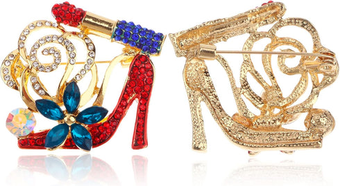 Lip Stick and High Heel Brooch for Women's Fashion Crystal Brooch Pin...