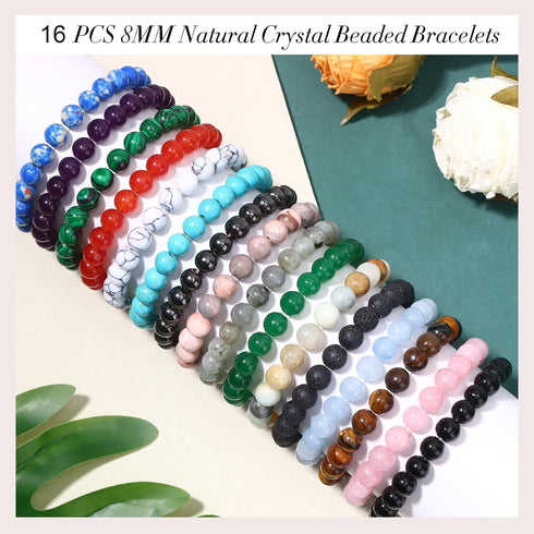 16PCS Natural Crystal Bracelets for Women Men - 8mm Semi-Precious Gemstone Beaded Bracelets, Round Gemstones Stretch Bracelet, Yoga Bracelets Jewe...