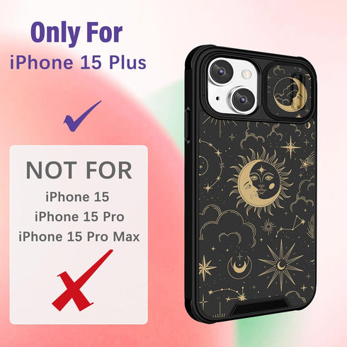 (2in1 for iPhone 15 Plus Case for Women Girls Cute Sun Moon Star Cover Girly Pretty Black Aesthetic Unique Design with Camera Cover and Ring Stand...
