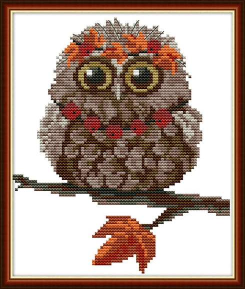 Cross Stitch Kits, Awesocrafts Owl Orange Leaf Cute Bird Autumn Easy Patterns Cross Stitching Embroidery Kit Supplies, Stamped or Counted (Stamped...