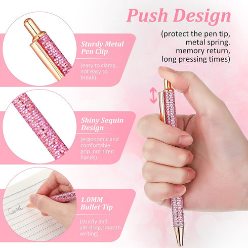 Bling Sequin Pen Holder with 6 Pcs Sequin Click Pens Cute Sequin Glitter Retractable Ballpoint Pens, Pencil Cups for Desk Organizer Makeup Brush H...