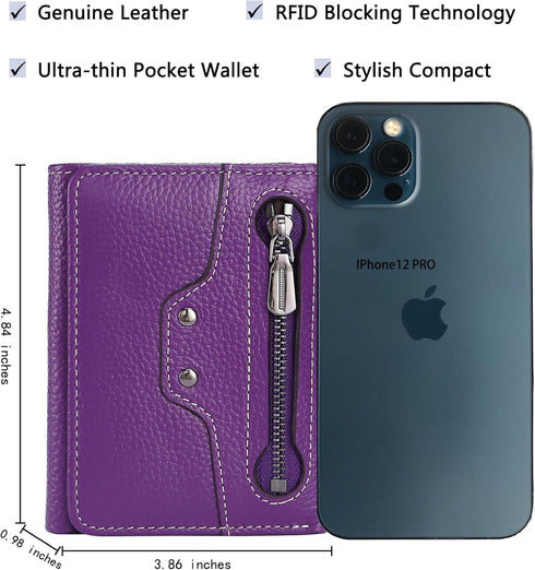 AINIMOER Small Leather Wallet for Women, Slim Compact Credit Card Holder RFID Blocking Wallets Organizer with Coin Pocket, Lichee Purple...