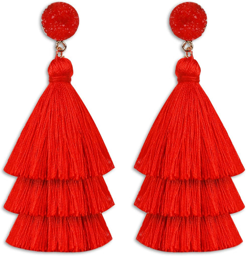 Layered Tassel Earrings for Women Bohemian Tassel Earrings Fringe Dangle Drop Earrings for Birthday Christmas Wedding Valentines Day Gift (Red)...