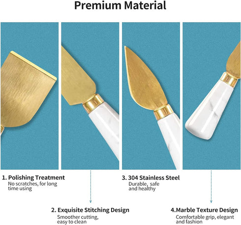 Funland 14 PCs Gold Cheese Knife Set, Marble Cheese Spreaders Knife Butter Slicer with Mini Serving Tongs Spoons and Fruit Forks for Charcuterie B...