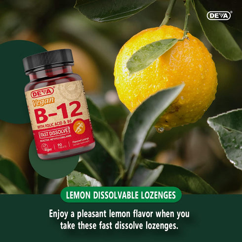 DEVA Vegan Vitamin B12 Fast Dissolve Supplement - Once-Per-Day Complex with 1000 Mcg Methylcobalamin B12, Folic Acid, B6 - Lemon Flavor - 90 Disso...