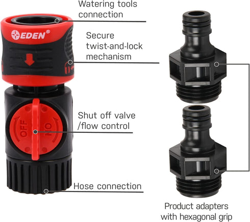 Eden 93218 Premium Garden Connect with Shutoff Valve and Water Stop & Lock Feature Quick Release Kit Hose Fittings and Adapters, (3 Sets/ 9 Pc)...
