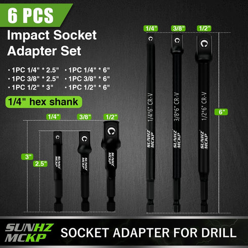 SUNHZMCKP 6-Piece Impact Grade Socket Adapter Set, 3" & 6" Extension Bit with Holder, 1/4-Inch Hex Shank Extension To 1/4", 3/8" and 1/2" Drive, A...