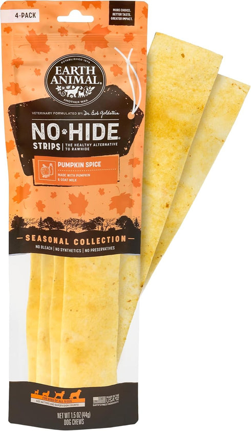 Earth Animal No Hide Strips Pumpkin Spice Flavored Vegetarian Natural Treats | No Rawhide | Quick & Thin Dog Chews | 1 Pack, 4 Count...