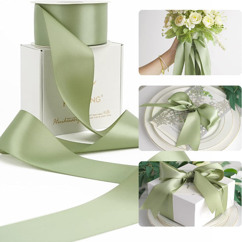 HUIHUANG Sage Green Ribbon 2 inch Double Face Green Satin Ribbon for Flower Bouquet Wrap, Dusty Sage Silk Satin Ribbon for Wedding Invitations, Gi...