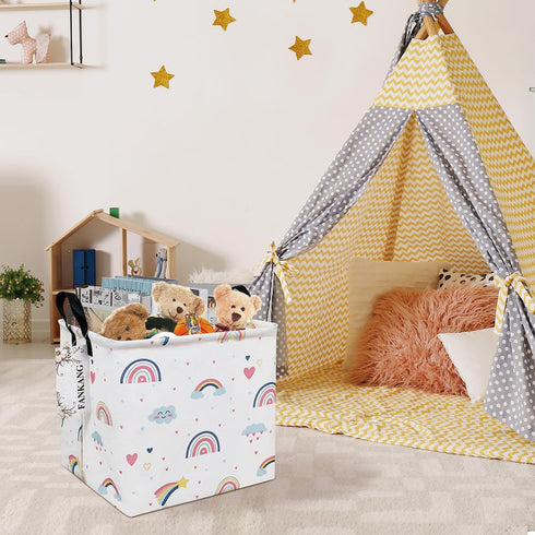 FANKANG Square Nursery Hamper Storage Bins Canvas Laundry Basket Foldable with Waterproof PE Coating Storage Baskets Gift Baskets for Children, Of...